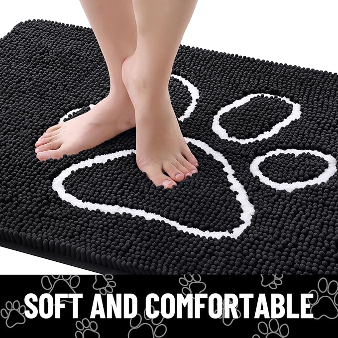 Smiry Dog Door Mat for Muddy Paws, Absorbent Dirt Trapper Non Slip Quick Dry Washable Chenille Mat for Mud Dogs, Entry Rug for Indoor and Outdoor (47x24 Inches, Black and White)