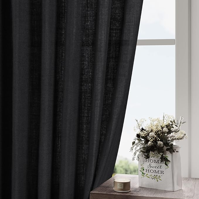 Black Linen Textured 96 Inch Curtains 2 Panel Set Back Tab Rod Pocket Sheer Light Filtering Boho Room Decor Aesthetic Curtains Burlap Look Curtain Drapes for Living Room Bedroom 8Ft 40x96 Inches