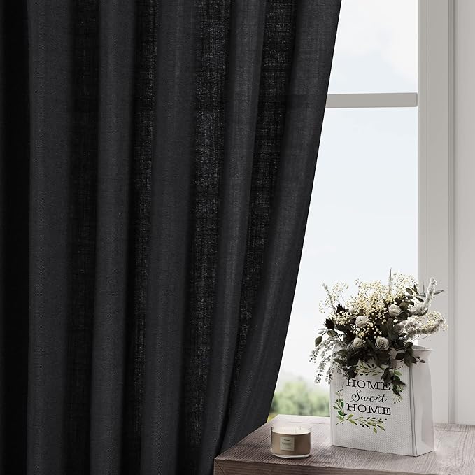 Black Linen Curtains 90 inches Long for Bedroom Back Tab Light Filtering Privacy Sheer Black Curtains Modern Farmhouse Coastal Decor Black Cotton Textured Gauze Curtain 2 Panel Set 38x90