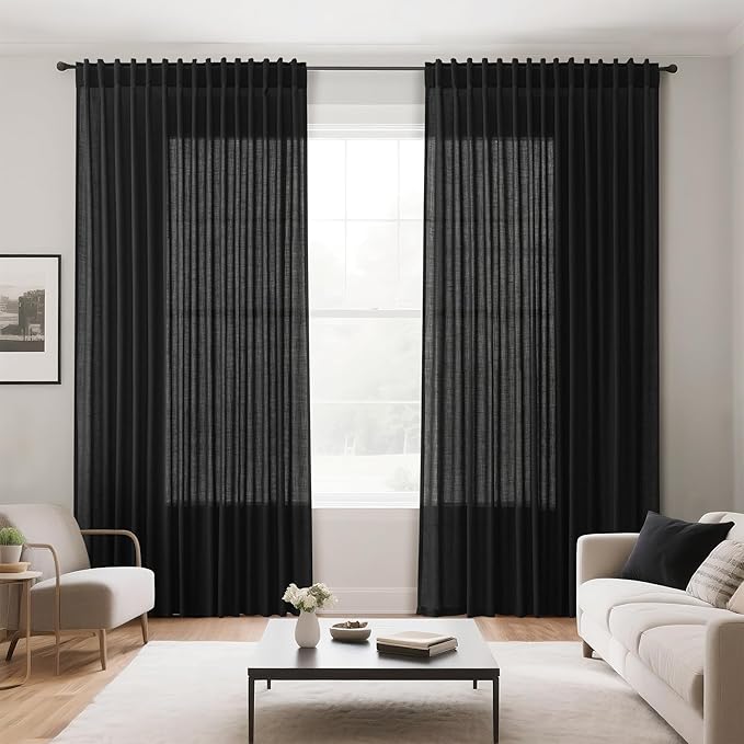 Black Large Window Curtains Light Filtering Semi Sheer Privacy Linen Textured Curtain for Patio Sliding Glass Door Extra Wide Rustic Farmhouse Drapes for Living Room Bedroom Sunroom 100x90 Inch