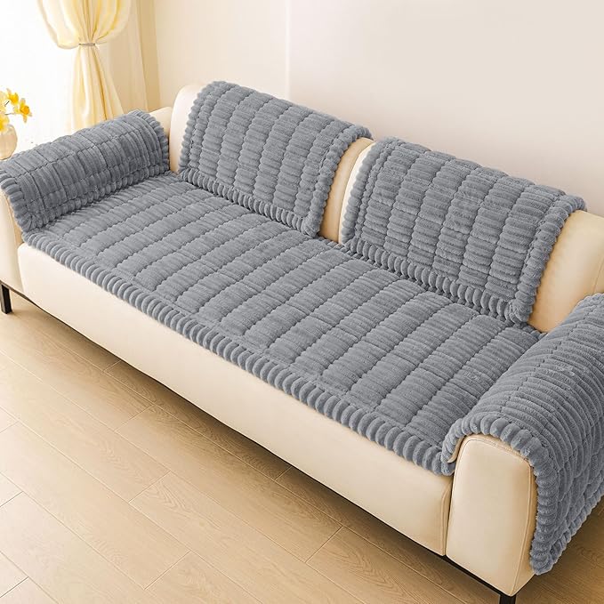 hyha Couch Covers for Dogs Washable, Non Slip Plush Dog Sofa Protectors, Fuzzy Pet Couch Covers for 3 Cushion Sofa Pet Friendly (Grey, 27.6" x 70.9")