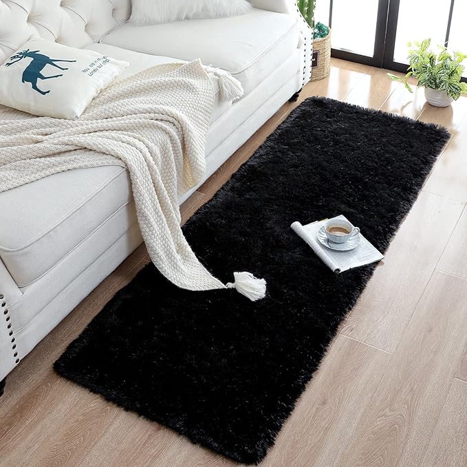 Chicrug Soft Runner Rugs for Bedroom Living Room Plush Fluffy Rug 3x8 Feet, Shag Furry Area Rug Carpet Non Shedding for Nursery Children Kids Girls Room Home Decorative, Black