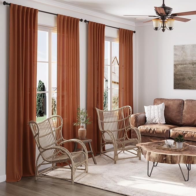 Nanspring Terracotta Linen Blend Semi Sheer Curtains 86 Inches Long 2 Panel Set Pocket Back Tab Brick Burnt Orange Privacy Decorative Decor Curtain Drapes for Bedroom Living Room 52x86