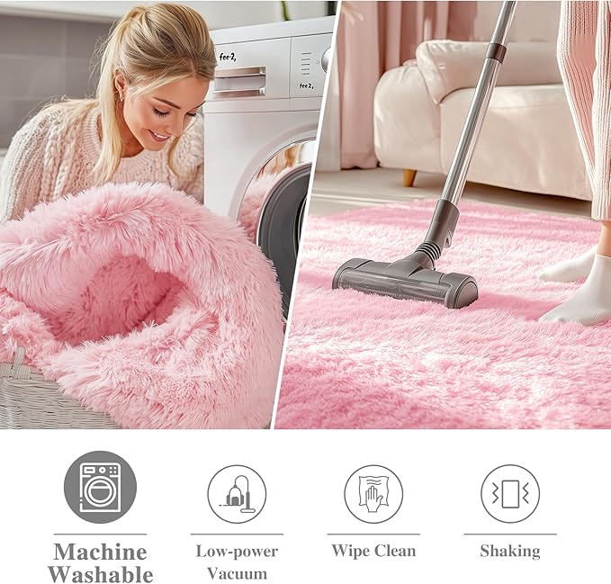 OLANLY Pink Round Rugs for Bedroom - Machine Washable, 7 ft Circle Area Rugs for Living Room, Soft and Fluffy Shaggy Carpet for Teen Girls and Boys, Nursery Rooms, Dorms, Home Decor Aesthetic