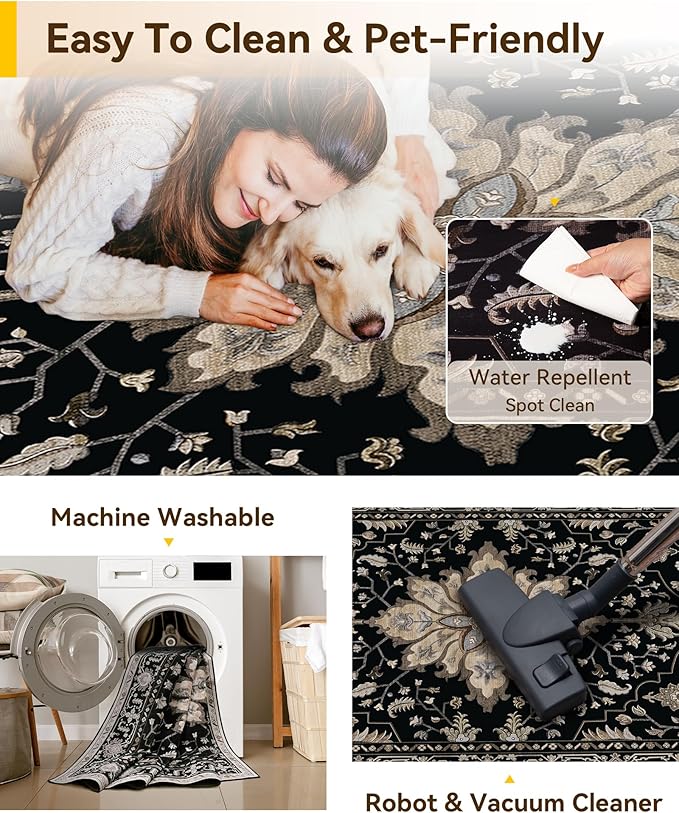 Area Rugs 5'x8' Washable Non-Slip, Floral Vintage Distress Print Pattern Medallion Carpet for Living Room Bedroom Dining Room, Black Brown Neutral Dark Tan