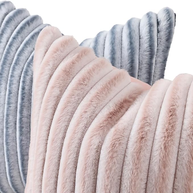 decorUhome Summer Cozy Faux Fur Throw Pillow Covers 24x24 Set of 2 Decorative Plush Striped Modern Farmhouse Boho Couch Euro Sham Pillow Cases with Velvet Back for Sofa Bed Living Room, Pink White