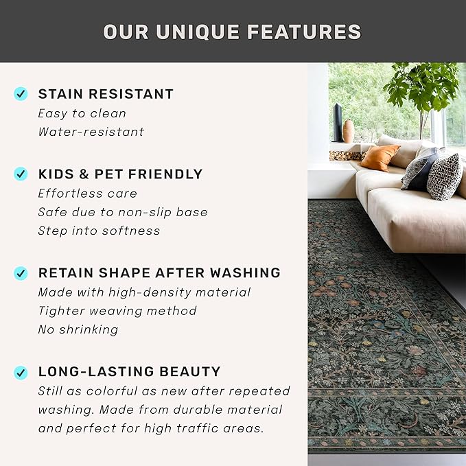 Washable Vintage 5x8 Living Room Rug, Dark Green Floral Area Rug for Bedroom Under Bed, Dining Room Under Small Dining Table, Office - Oriental Low Pile Non Slip & Stain Resistance (5x8 Dark Green)