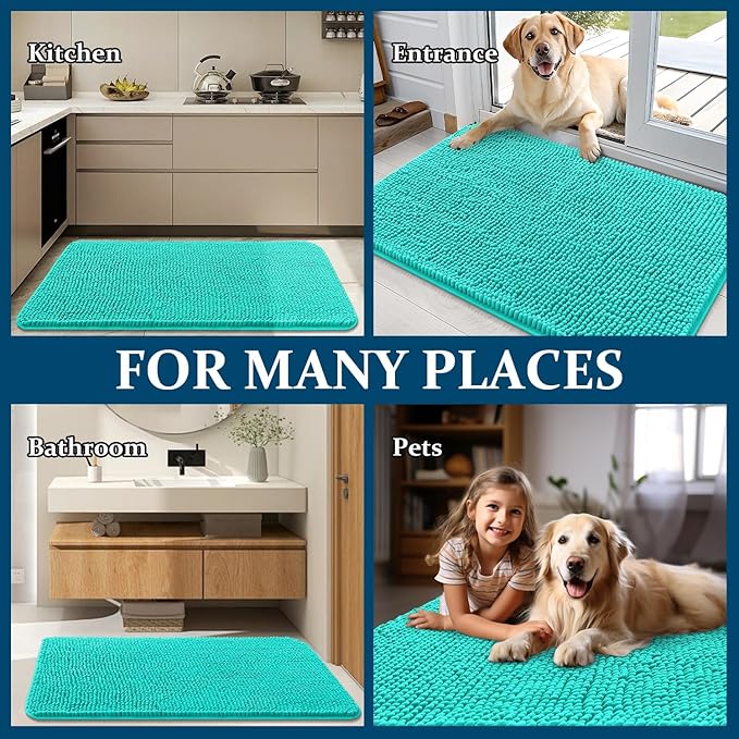 OLANLY Dog Door Mat for Muddy Paws 34x21, Absorbs Moisture and Dirt, Absorbent Non-Slip Washable Doormat, Quick Dry Chenille Mud Mat for Dogs, Entry Indoor Entryway Carpet for Inside Floor, Teal