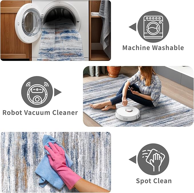 3x16 Washable Hallway Runner Rug: Extra Long Runners for Entryway Living Room Dining Room - Stain and Water Resistant Rugs with Non-Slip Backing - Soft Low-Pile Carpet 16ft Navy Grey