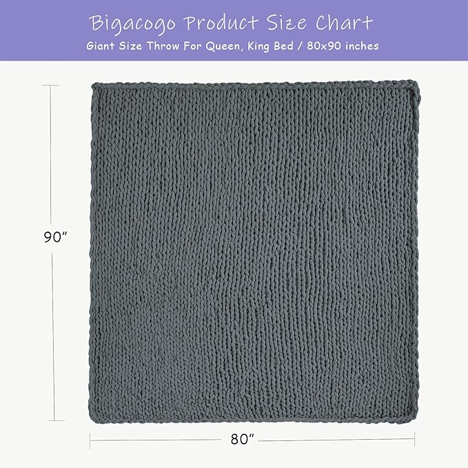 Bigacogo Chunky Knit Throw Blanket for Couch, 80x90 inches, 100% Hand Knitted with Thick Jumbo Chenille Yarn, Cozy Soft Large Rope Knot Cable Crochet Blankets for Sofa Bed Living Room, Iron Gray