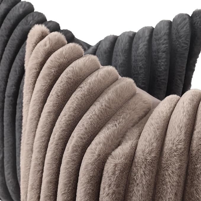 decorUhome Cozy Faux Fur Throw Pillow Covers 18x18 Set of 2 Decorative Soft Plush Striped Modern Farmhouse Boho Couch Pillow Cases with Velvet Back for Sofa Bed Living Room, Dark Grey
