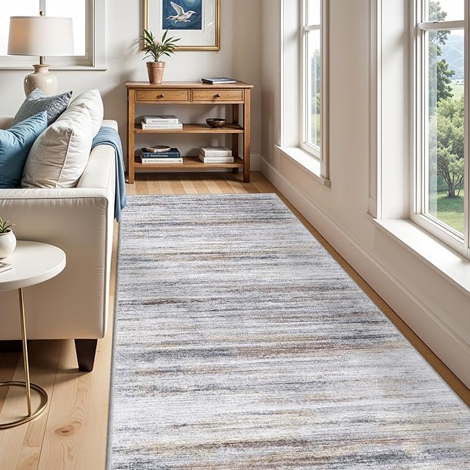 4x10 Wide Washable Runner Rug: Easy-to-Clean Runners for Hallway Entryway Kitchen Bedroom Living Room - Stain and Water Resistant Rugs with Non-Slip Backing - Soft Low-Pile Carpet Beige Grey