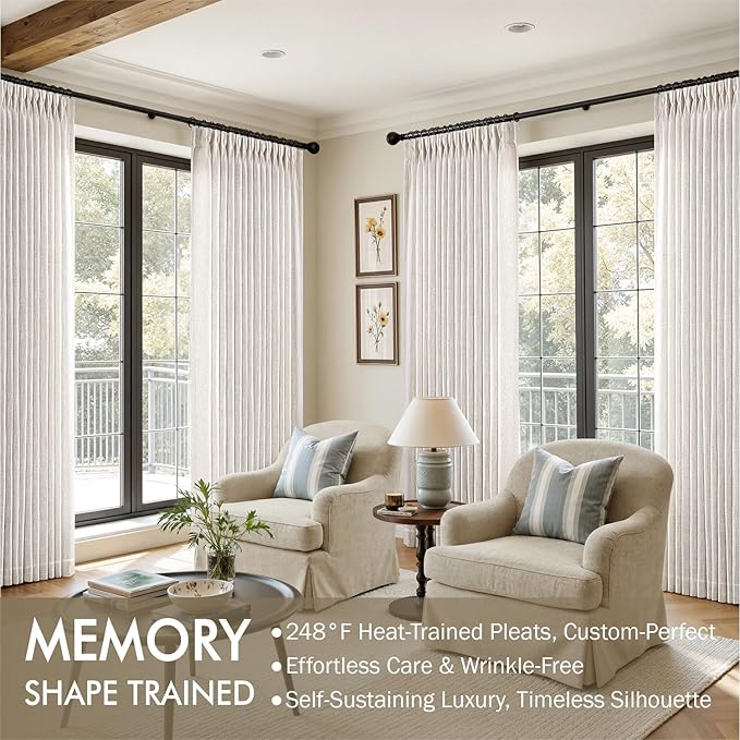 MIULEE 102 Inches Long Pinch Pleated Thick Linen Curtains 2 Panels for Living Room Bedroom, Memory Trained Linen Textured Drapes Pleat Back Tab Light Filtering Boho Natural Window Curtains with Hooks