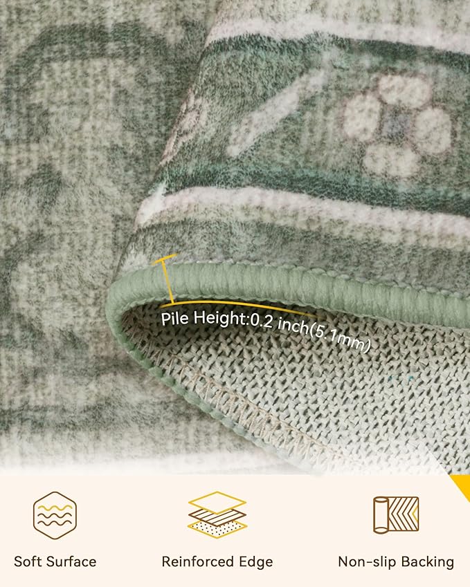 Area Rugs 9'x12' Washable Non-Slip, Floral Vintage Distress Print Pattern Medallion Carpet for Living Room Bedroom Dining Room, Dark Green Gray