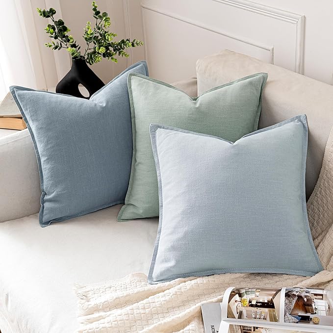 MIULEE Decorative Linen Pillow Covers 18x18 Inch Aqua Green Boho Farmhouse Neutral Spring Couch Throw Pillows for Bed Pack of 2 Accent Modern Pillowcase Summer Sofa Livingroom Home Decor