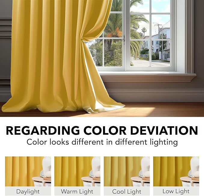 Deconovo Blackout Curtains, Thermal Insulated, W52 x L45 2 Panels, Back Tab, Machine Washable, Room-Darkening Drapes for Bedroom/Living Room Mellow Yellow