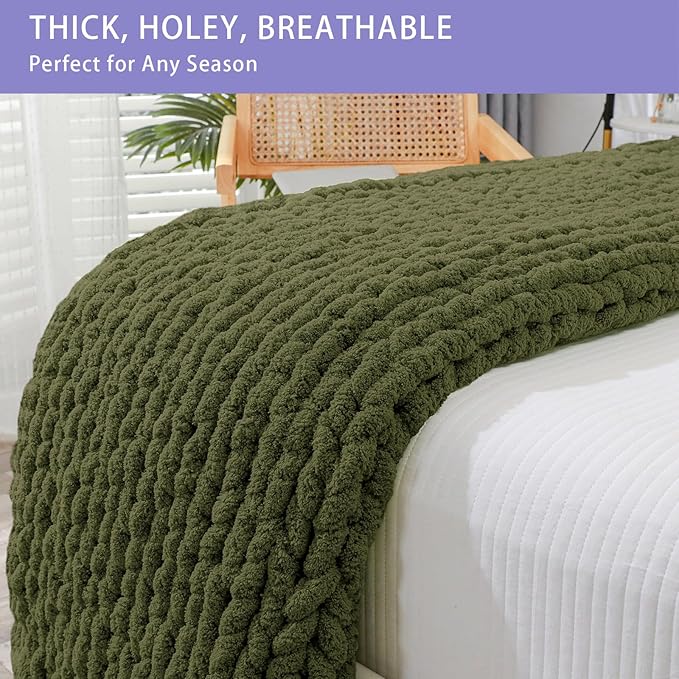 Bigacogo Chunky Knit Throw Blanket for Couch, 40x80 inches, 100% Hand Knitted with Thick Jumbo Chenille Yarn, Cozy Soft Large Rope Knot Cable Crochet Blankets for Sofa Bed Living Room, Yellow Green