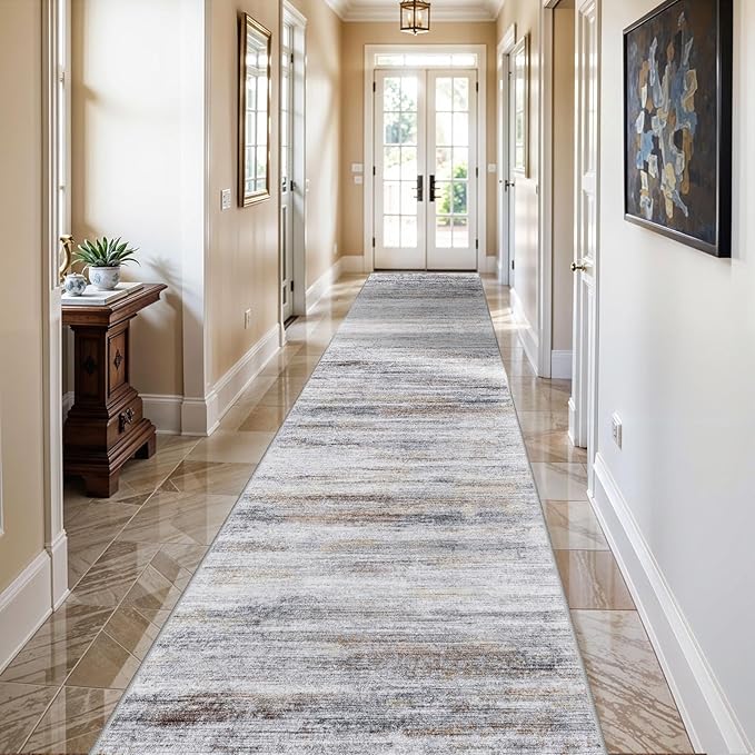 3x18 Washable Hallway Runner Rug: Extra Long Runners for Entryway Living Room Dining Room - Stain and Water Resistant Rugs with Non-Slip Backing - Soft Low-Pile Carpet 18ft Beige Grey