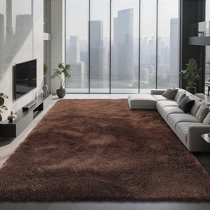 Shag Area Rugs for Bedroom Living Room,8X10 Ultra Soft Fluffy Area Rugs for Dorm, Indoor Carpet Nursery Rugs for Kids Girls Room Home Decor,Brown