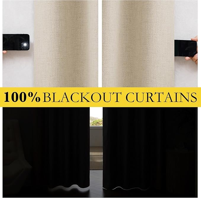 NICETOWN Cream Bedroom Full Blackout Linen Curtain Panels Set of 2, 52" by 72", Thick Insulated Classic Grommet Blackout Draperies with White Thermal Insulated Liner for Windows