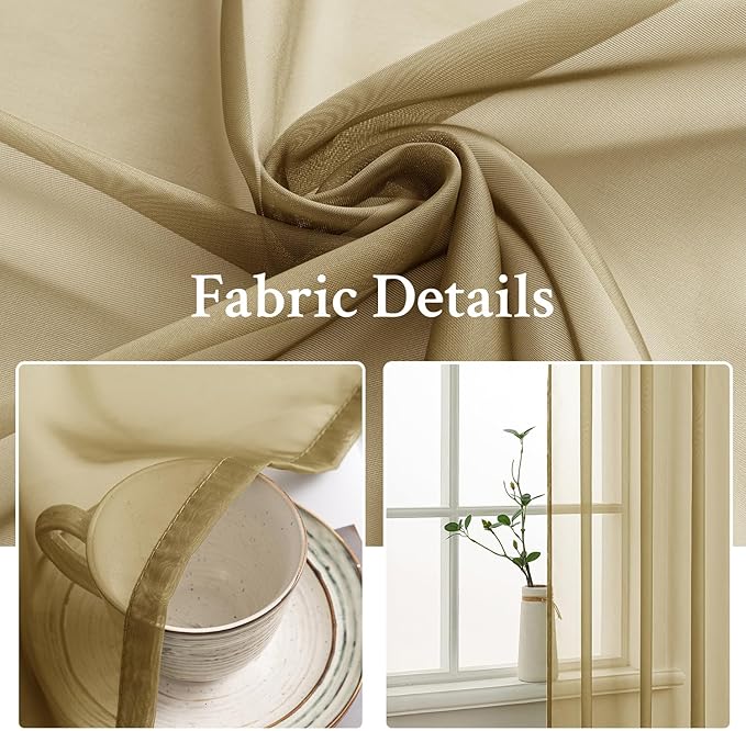 MIULEE Dark Gold Sheer Curtains 84 Inches Long 2 Panels, Light Filtering Voile Drapes with Rod Pocket for Bedroom and Living Room Windows