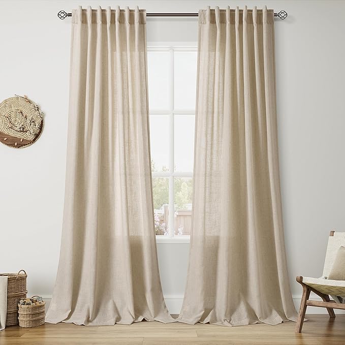 Taupe Burlywood Linen 112 Inch Curtains for Living Room Light Filtering Semi Sheer Curtain Back Tab Rustic Modern Farmhouse Decor Drapes Floor to Ceiling High Window for Bedroom 52x112, 2 Panels