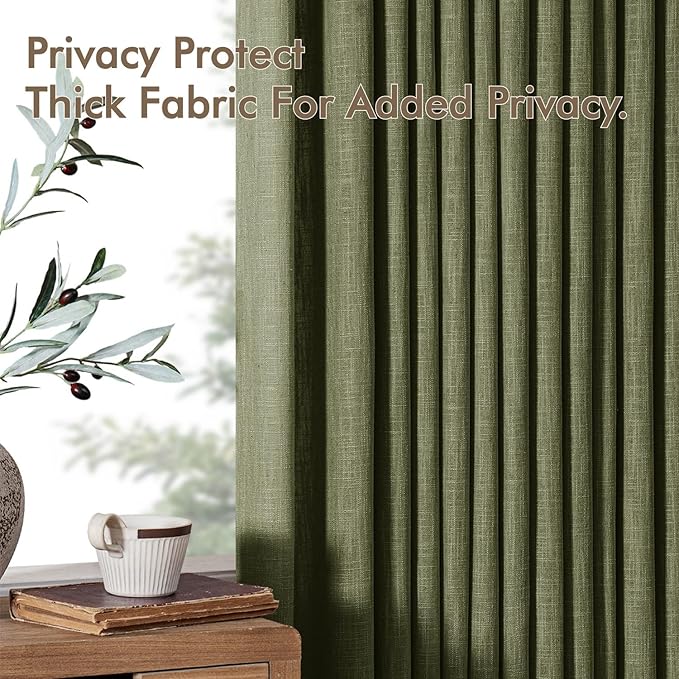 MIULEE Olive Green Pinch Pleated Thick Linen Curtains 108 Inches Long 2 Panels Set for Living Room Bedroom, Linen Texture Drapes Pleat Semi Sheer Moss Green Foor to Ceiling Curtains with Hooks&Rings