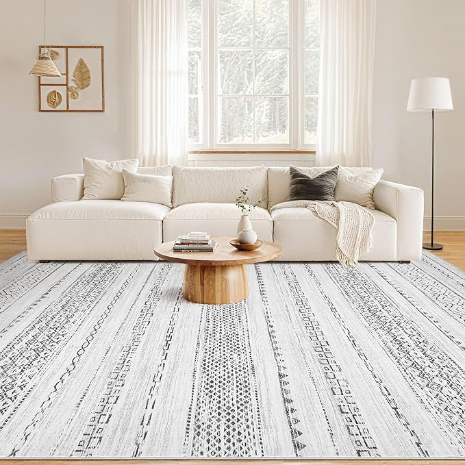 Nakagishi Area Rug Living Room Rugs: 12X15 Machine Washable Boho Large Neutral Farmhouse Stain Resistant Moroccan Indoor Floor Carpet for Bedroom Nursery Dorm Dining Room Home-Color Gray