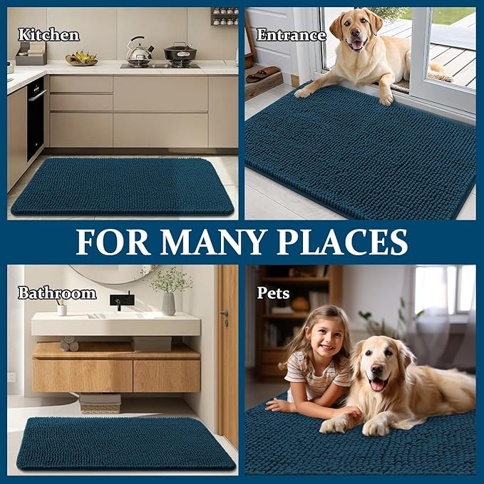 OLANLY Dog Door Mat for Muddy Paws 45x27, Absorbs Moisture and Dirt, Absorbent Non-Slip Washable Doormat, Quick Dry Chenille Mud Mat, Entry Indoor Entryway Carpet for Inside Floor, Atlantic Blue