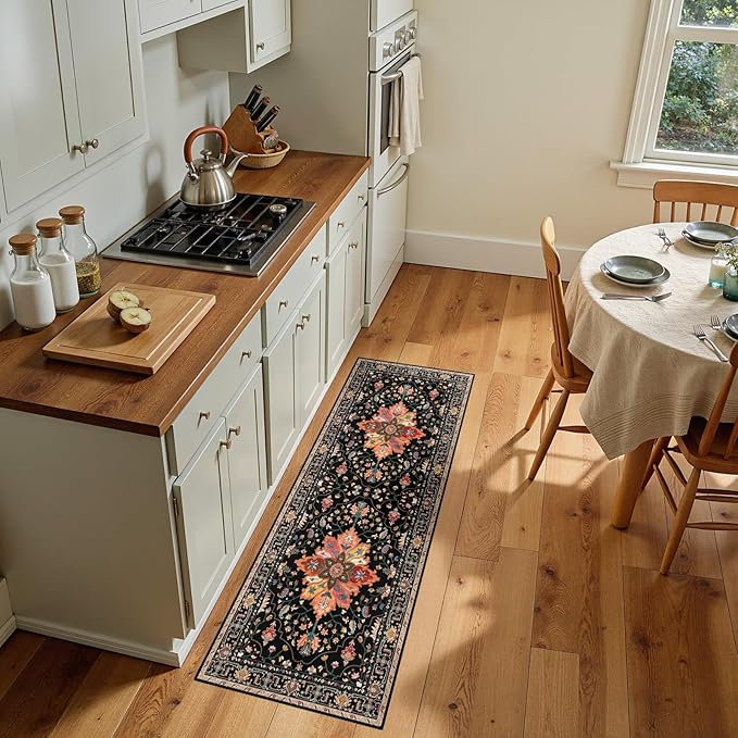 Area Rugs 2'x5' Runner Rug Non Slip Washable for Kitchen Hallway Bedroom Beside Laundry Room Bathroom Rug, Floor Carpet, Black Colorful Floral Dark Tan
