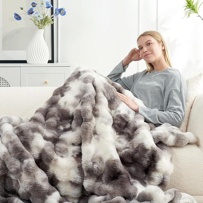Cozy Bliss Faux Fur Throw Blanket for Couch, Fuzzy Soft Plush Thick Bubble Blanket for Sofa Bedroom Living Room, 50 * 60 Inches Tie-dye Taupe (Pack of 2)