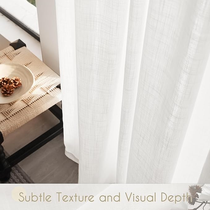 White Linen Curtains 45 inch Length 2 Panel Set for Living Room Back Tab Rod Pocket Semi Sheer Light Filtering Bedroom Window Curtain 45 inch Long Cotton Textured Modern Elegant Coastal Drapes