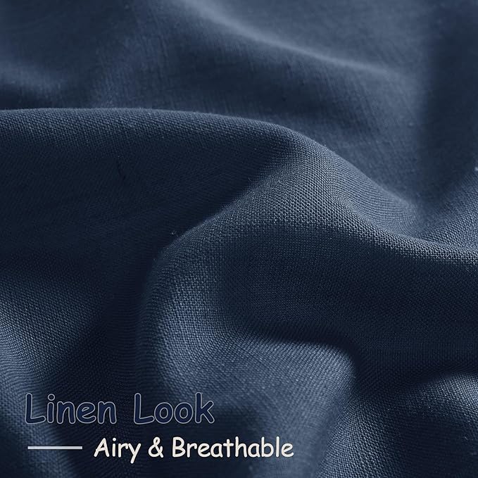 Nanspring Denim Blue Linen Curtains 96 Inches Long 2 Panels Set for Living Room Rod Pocket Back Tab Semi Sheer Light Filtering Protect Privacy Denim Blue Curtain for Bedroom Floor Length 52x96