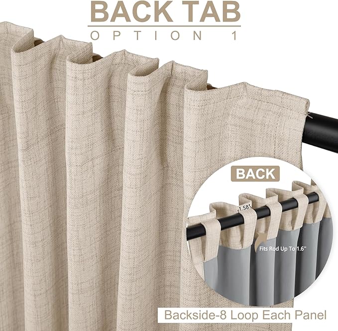 100% Blackout Shield Linen Blackout Curtains for Bedroom 63 Inches Long, Back Tab/Rod Pocket Living Room Drapes, Thermal Insulated Blackout Curtains 2 Panels Set, 50" W x 63" L, Oatmeal