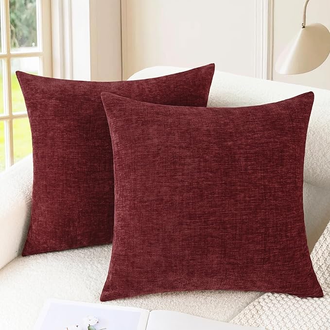 CaliTime Christmas Throw Pillow Covers Decorative 18 X 18 Inches Pack of 2 Cozy Chenille Cushion Cases for Couch Sofa Bed Living Room Home Burgundy