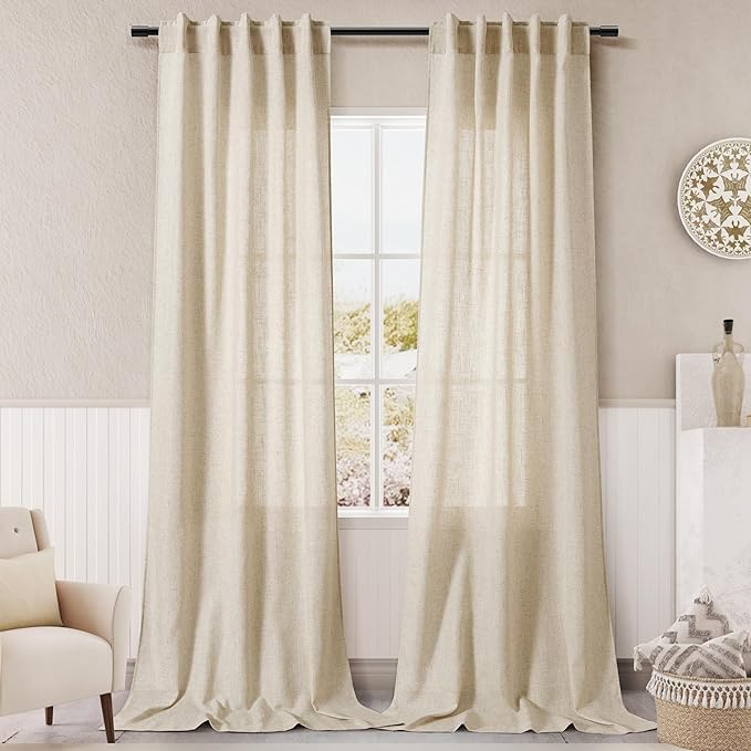 Extra Long Tan Beige Curtains 120 inch Length 2 Panels Set Back Tab Neutral Farmhouse Drapes Light Filtering Semi Sheer Linen Curtain 120 inches Long for Floor to Ceiling Window Patio Sliding Door