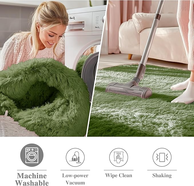 OLANLY Green Round Rugs for Bedroom - Machine Washable, 6 ft Circle Area Rugs for Living Room, Soft and Fluffy Shaggy Carpet for Teen Girl and Boys, Nursery Rooms, Dorms, Home Decor Aesthetic