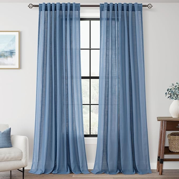 Denim Blue Curtains for Living Room Back Tab Modern Farmhouse Semi Sheer Blue Curtains 108 inches Long 2 Panels Set Muted Neutral Window Curtain for Dining Room Bedroom 52x108