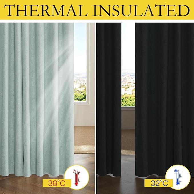 NICETOWN 100% Absolutely Blackout Linen Curtains with Thermal Insulated White Liner, Seafoam Green, 52" Wide, 95" Length Energy Saving Curtains for Living Room 2 Panels Set, Vertical Blinds