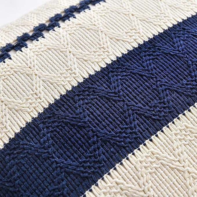 Fancy Homi Set of 1 Navy Blue Lumbar Decorative Throw Pillow Covers 16x24 Inch for Couch Bed Sofa Living Room, Aesthetic Modern Organic Farmhouse Home Decor, Soft Cotton Woven Textured Cushion Case