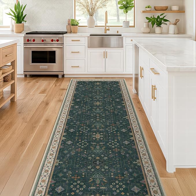Hazo Haus Dark Green 2x6 Kitchen Rug - Modern Vintage Boho Eclectic Floral with Brown Accent, Washable Low Pile Non-Slip Runner Rugs for Bathroom, Door Mat Indoor Entrance, Hallway, Bedroom, Laundry