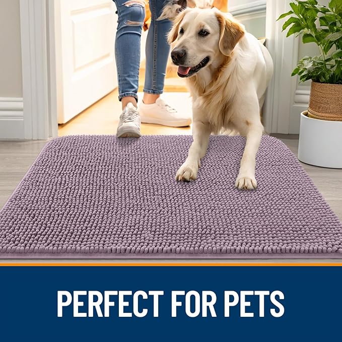OLANLY Dog Door Mat for Muddy Paws 47x20, Absorbs Moisture and Dirt, Absorbent Non-Slip Washable Doormat, Quick Dry Chenille Mud Mat for Dogs, Entry Indoor Entryway Carpet for Inside Floor, Deep Plum