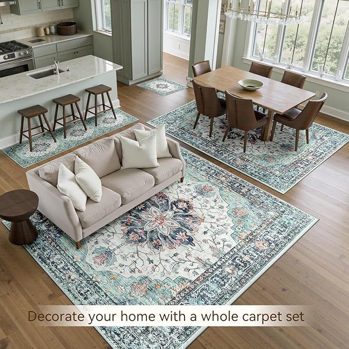 Area Rugs 9'x12' Washable Non-Slip, Floral Vintage Distress Print Pattern Medallion Carpet for Living Room Bedroom Dining Room, Green Navy Blue White Red Teal Colorful