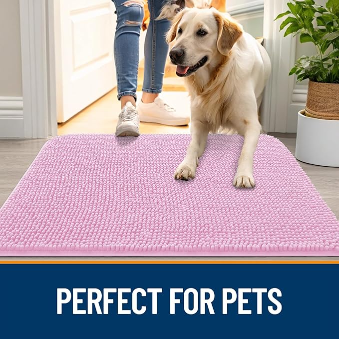 OLANLY Dog Door Mat for Muddy Paws 54x32, Absorbs Moisture and Dirt, Absorbent Non-Slip Washable Doormat, Quick Dry Chenille Mud Mat for Dogs, Entry Indoor Entryway Carpet for Inside Floor, Pink