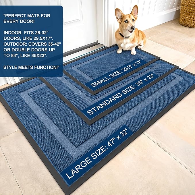 OLANLY Front Door Mat Indoor Outdoor Entrance, Waterproof All-Season, All-Weather Doormat, Sturdy Natural Rubber, Fade Resistant, Low Profile, Easy Clean Patio Porch Entryway Mat, 47x23, Light Blue