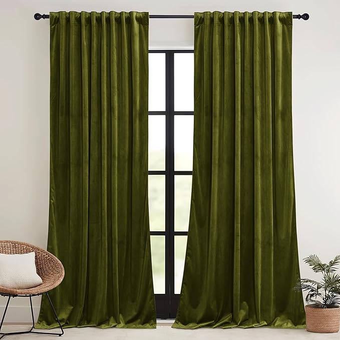 RYB HOME Green Velvet Curtains 72 inches with Hook Belt, Soft Fabric Room Darkening Thermal Insulated Luxurious Home Decor Curtains for Living Room Bedroom, W 52" x L 72", 2 Panels Set