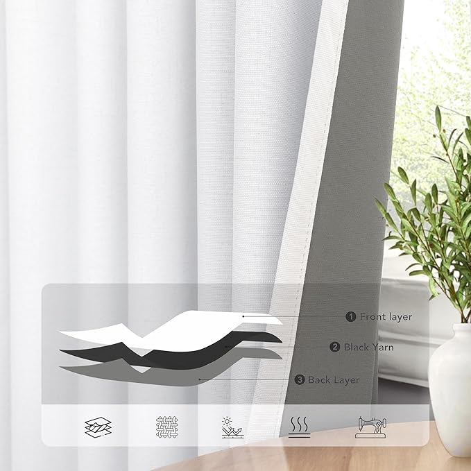 Custom Made Curtains 104 Inches Long 2 Panels Set 100 Percent Blackout Curtain Linen Textured Traverse Light Blocking Drapes for 103 Inch Window Living Room Darkening Nursery 104 Length Back Tab White