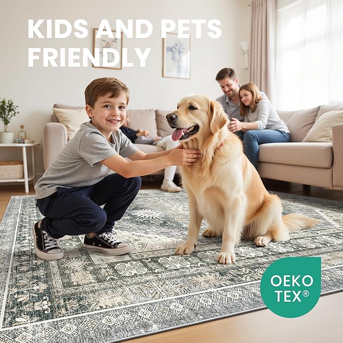 zesthome 6x9 Area Rug, Super Soft Washable Rugs for Living Room, Non-Slip Stain Resistant Vintage Rugs, Ultra-Thin Large Area Rugs (Wheat/Charcoal,6'x9')