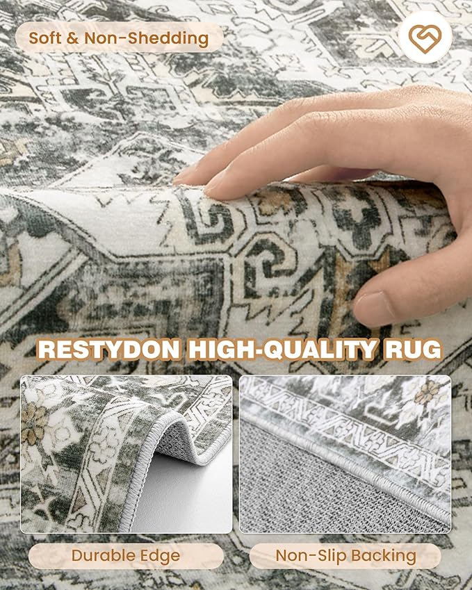 Runner Rug 2x10, Ultra-Thin Kitchen Rugs Non Slip Washable Rugs for Entryway Rug, Kitchen Runner Low Pile Vintage Soft Carpets for Living Room, Bathroom Bedroom (Grey/Beige,2'x10')