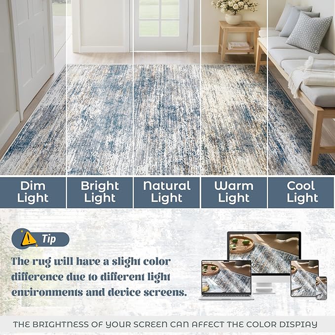 8x10 Area Rugs for Living Room, Washable Modern Abstract Large Area Rug Neutral Soft Non Slip Kids Rug Stain Resistant Indoor Carpet for Bedroom Nursery Dining Room Playroom(BlueWhite, 8'x10')